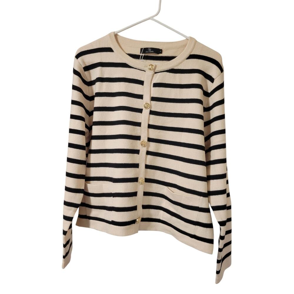 NWT LILLUSORY Women's Striped Cardigan Button Sweater Black Cream Size L